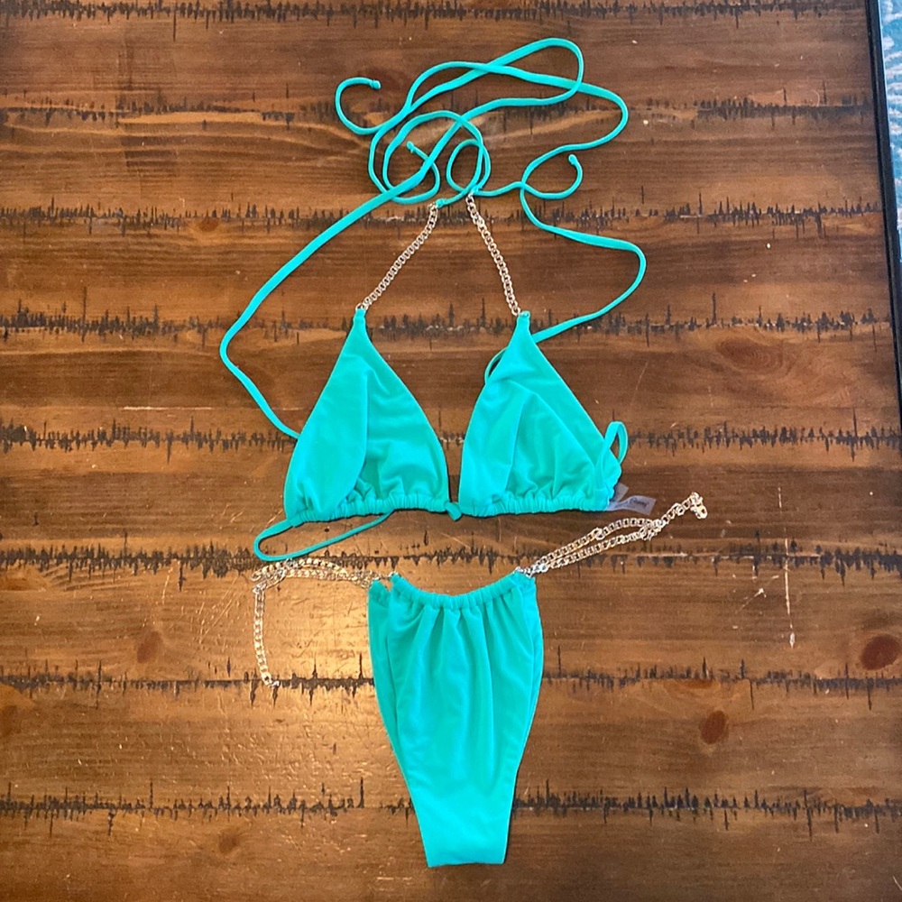 Beach Bunny teal Bikini with gold chain hardware detail sexy